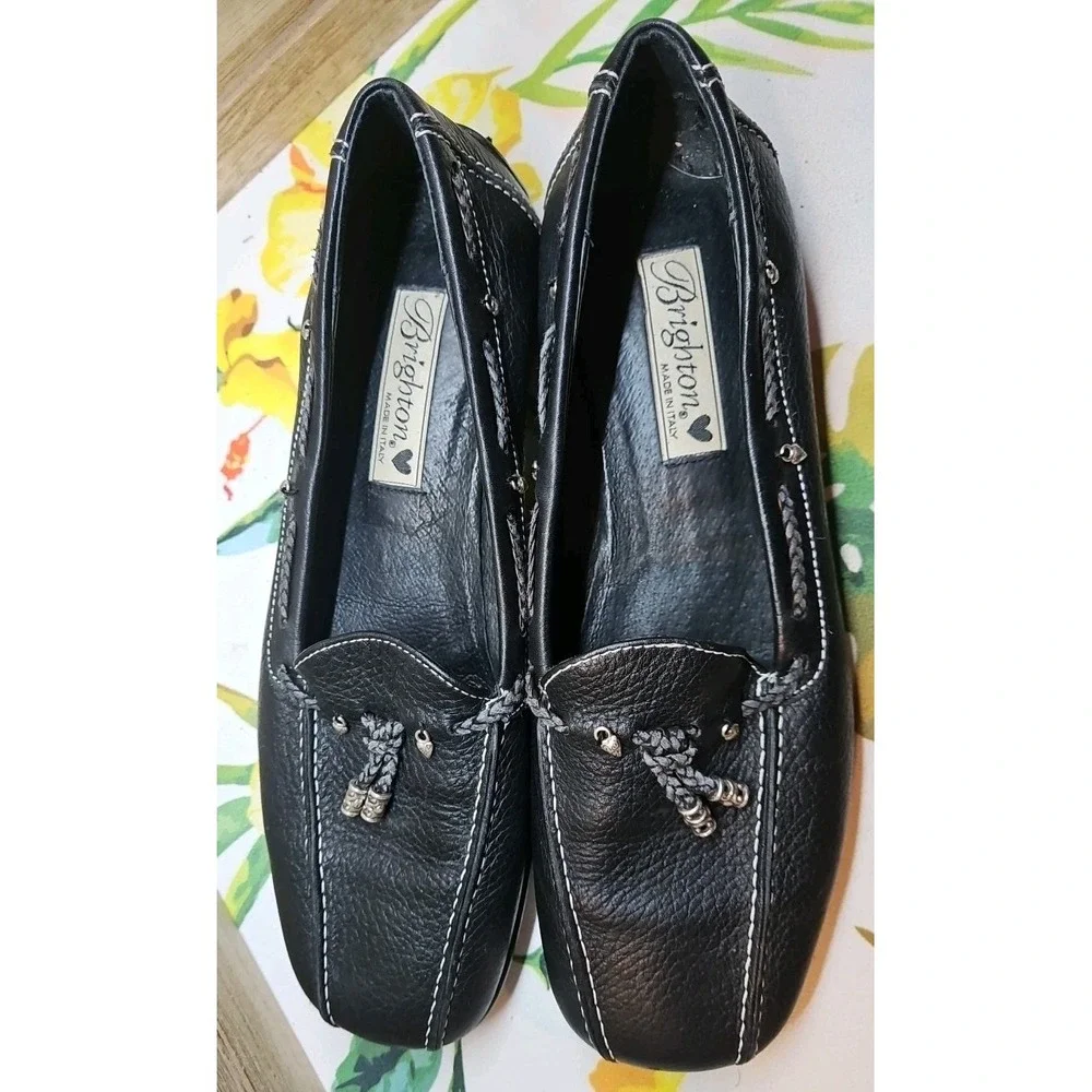 Brighton ULANI 4 Slip On Loafers 7.5 M Black‎ Silver Charms Braided Shoe #482